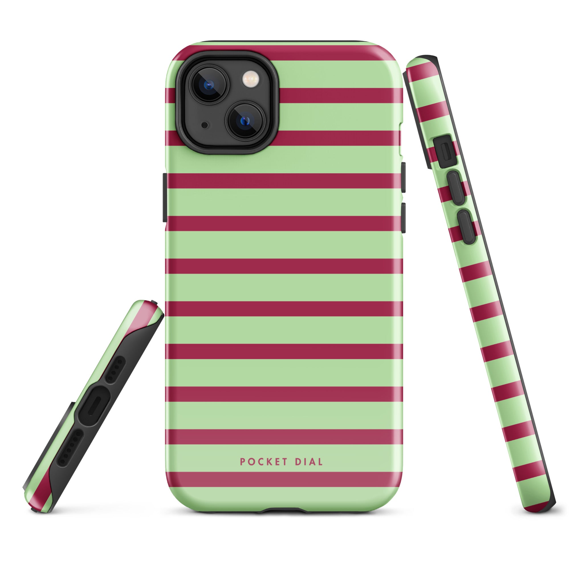 Cherry Matcha Stripe tough iPhone case with gloss finish, alternate front view – Pocket Dial