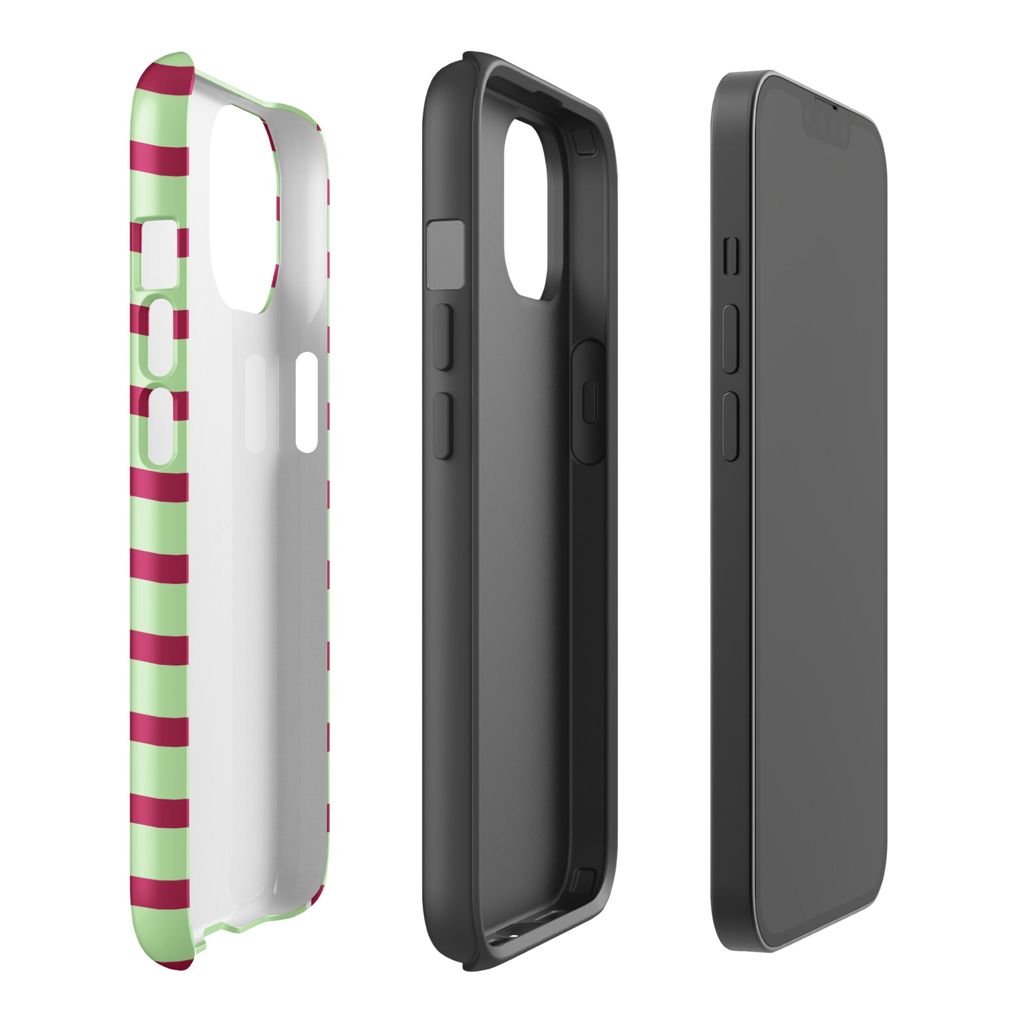 Cherry Matcha Stripe tough iPhone case with gloss finish, side view – Pocket Dial