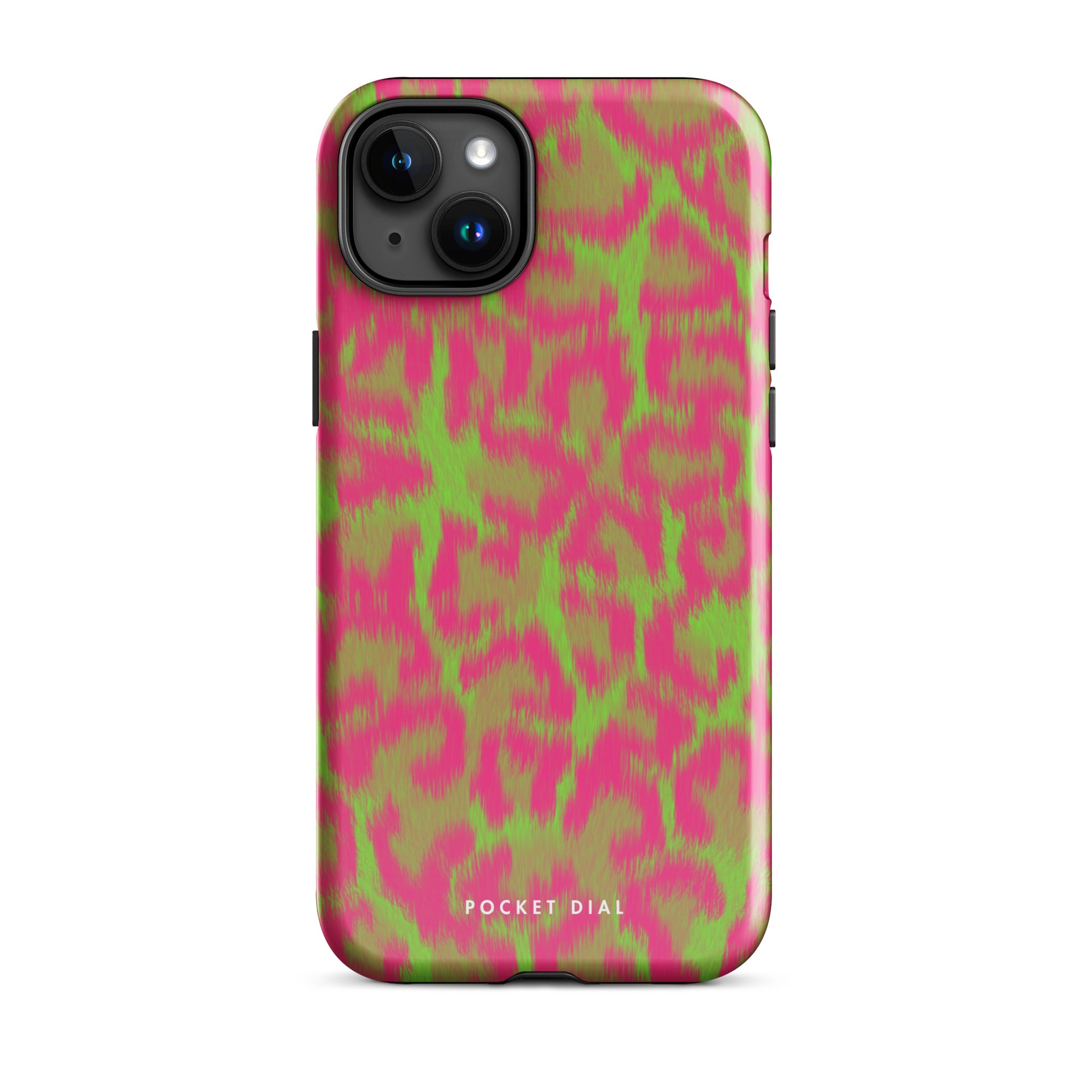 Pink Jungle pink and green animal-print tough iPhone case, front view – Pocket Dial
