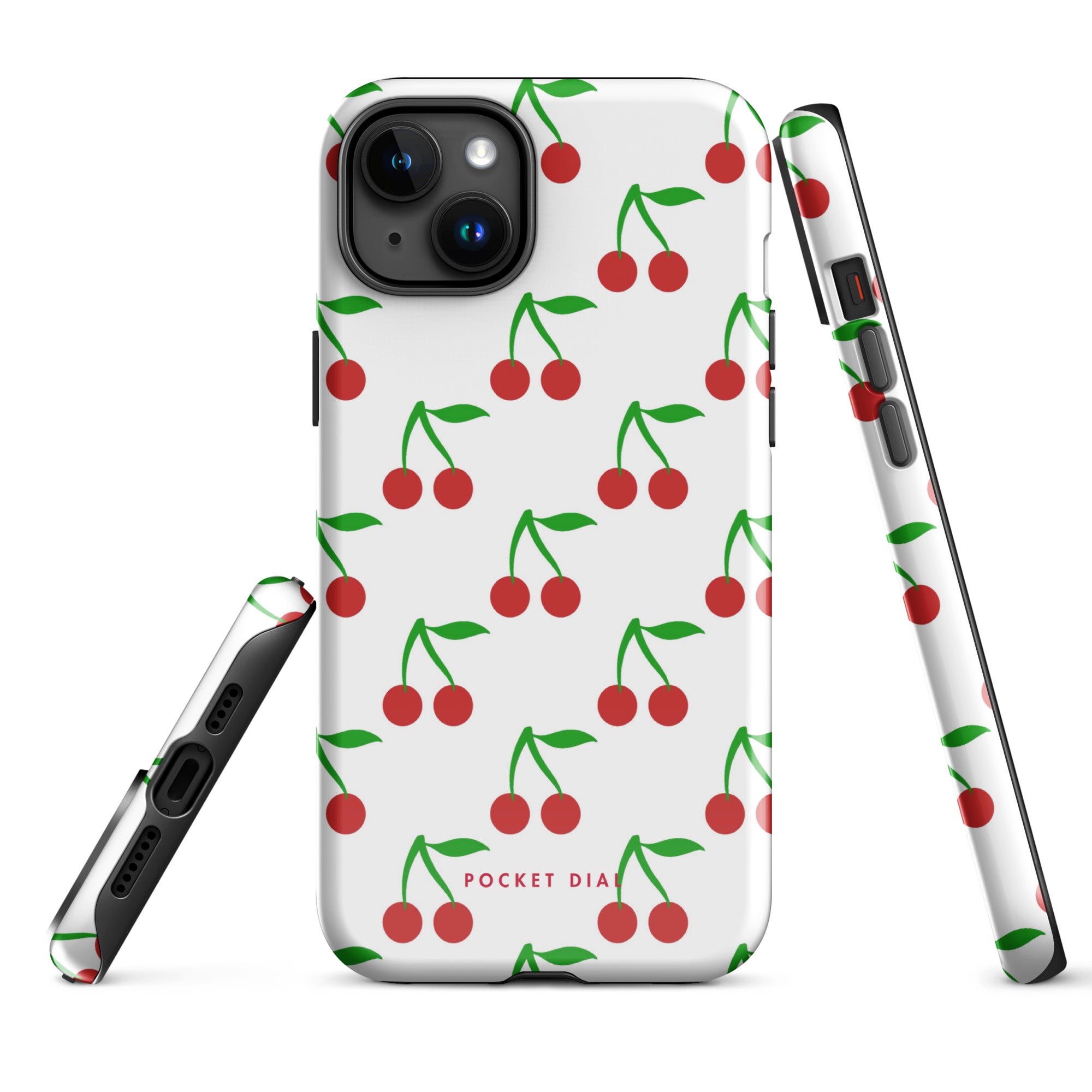 Cherry Pop 🍒🤍 tough iPhone case with gloss finish, alternate front view – Pocket Dial