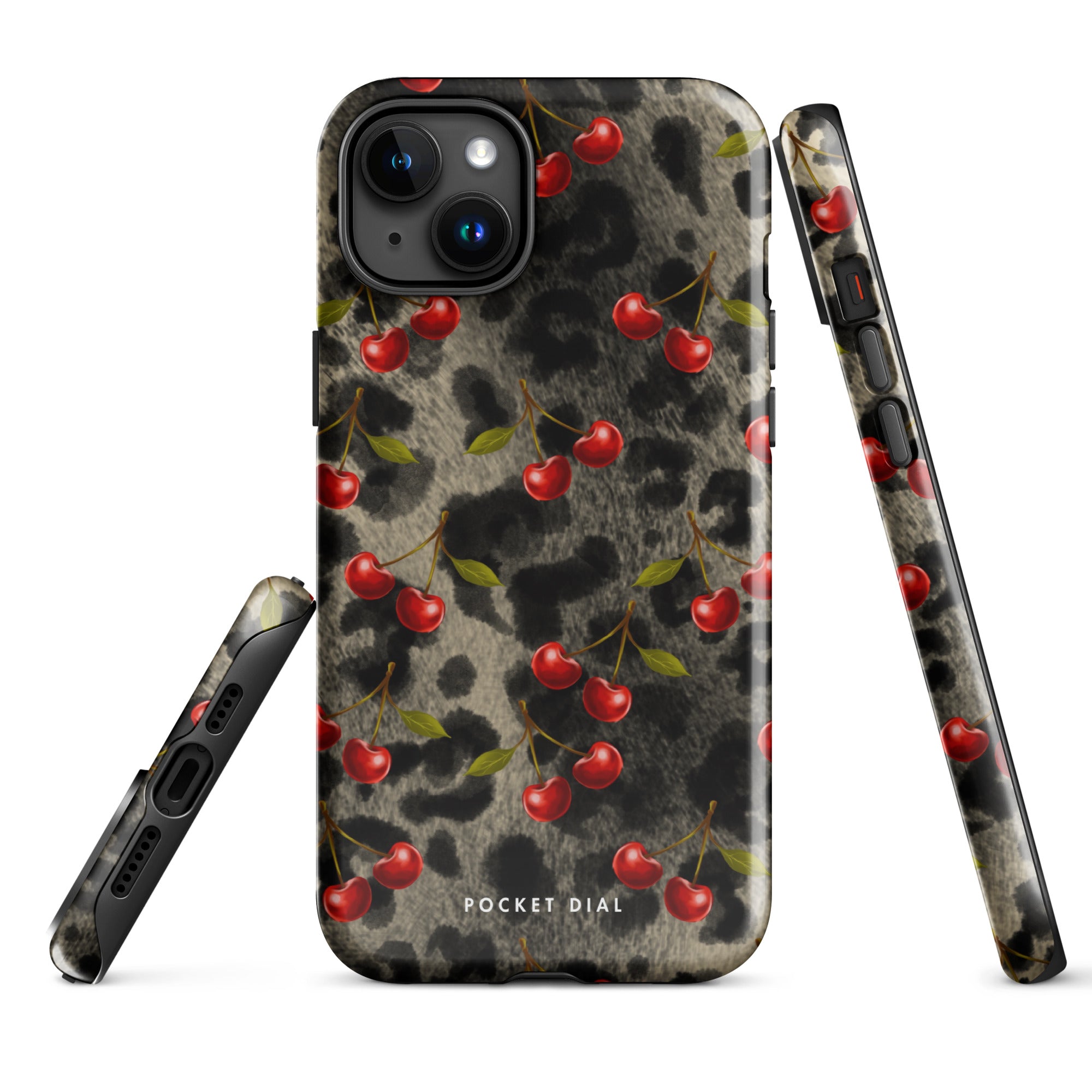 Wild Cherry 🍒🐆 tough iPhone case with gloss finish, alternate front view – Pocket Dial