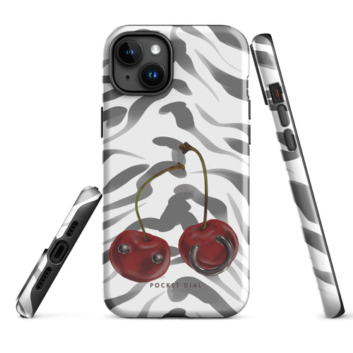 Cherry Zebra 🍒🦓 tough iPhone case with gloss finish, alternate front view – Pocket Dial