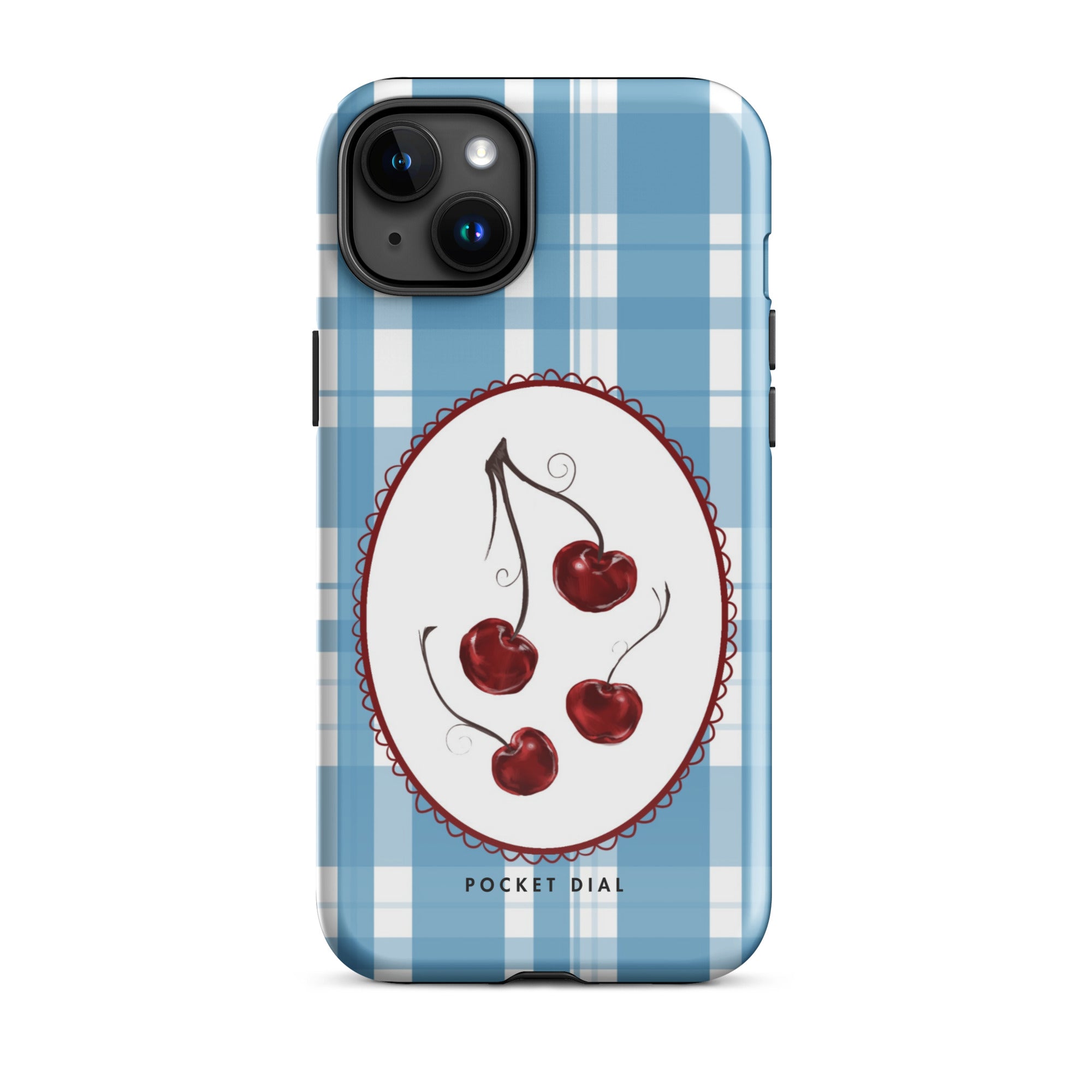 Cherry Picnic 🍒🩵 tough iPhone case with gloss finish, front view – Pocket Dial