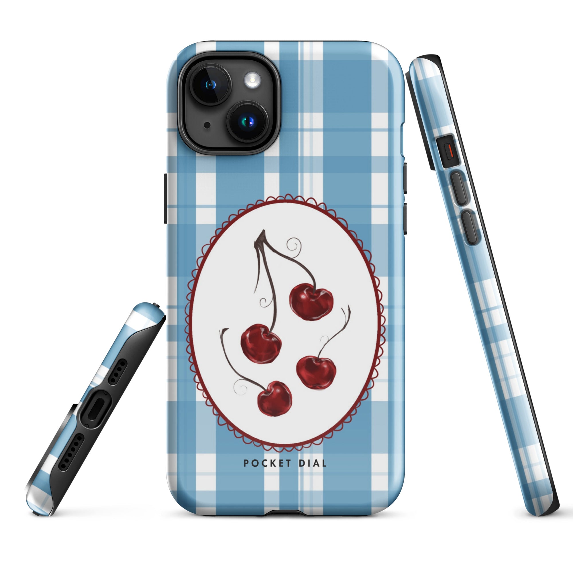 Cherry Picnic 🍒🩵 tough iPhone case with gloss finish, alternate front view – Pocket Dial