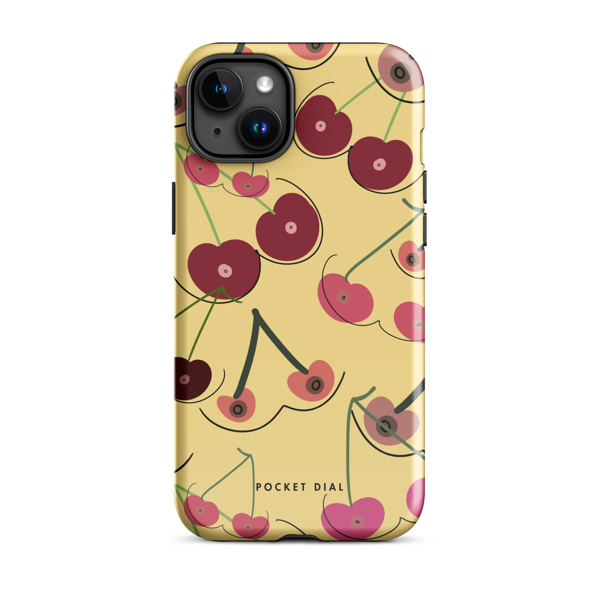 Cherry Crush 🍒💛 tough iPhone case with gloss finish, front view – Pocket Dial