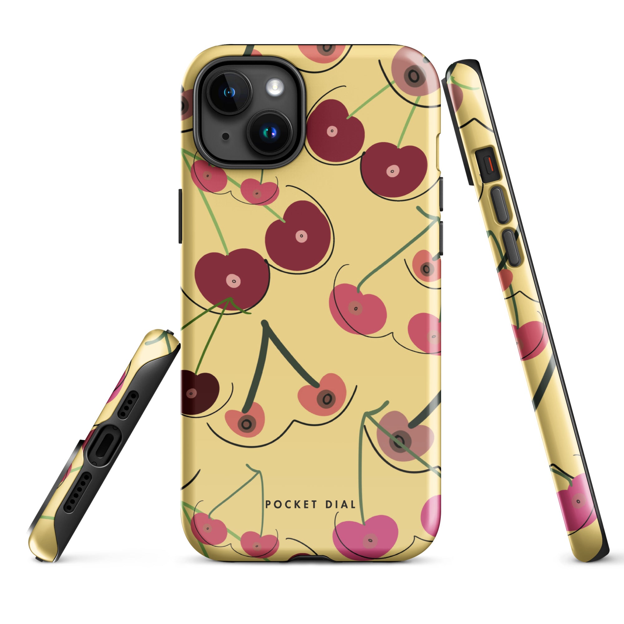 Cherry Crush 🍒💛 tough iPhone case with gloss finish, alternate front view – Pocket Dial