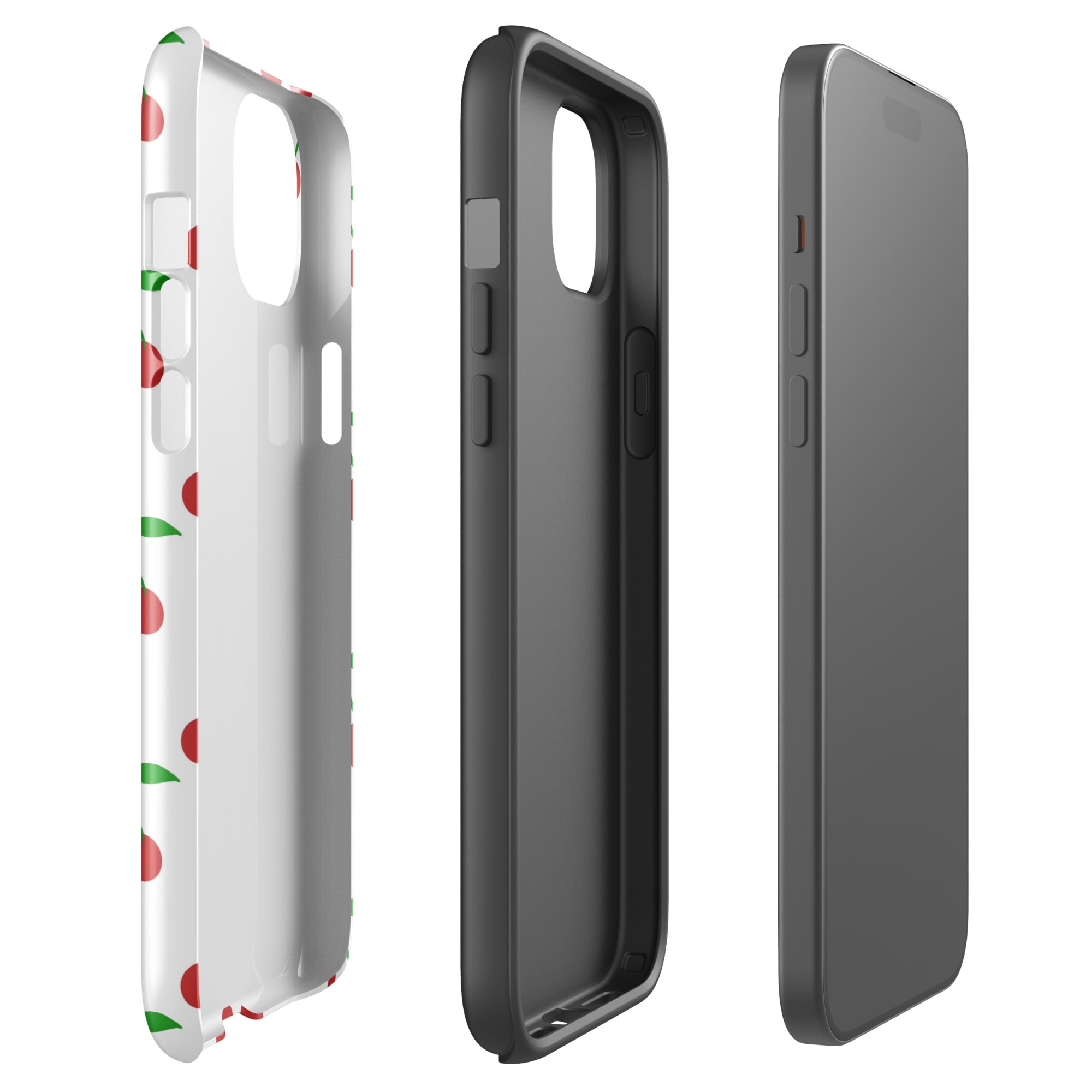Cherry Pop 🍒🤍 tough iPhone case with gloss finish, side view – Pocket Dial